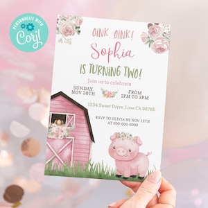 Pig girl birthday party invitation, Farm birthday invitation for girl, Pink Barnyard party printables, Pig invitation, EDITABLE invite  11A
