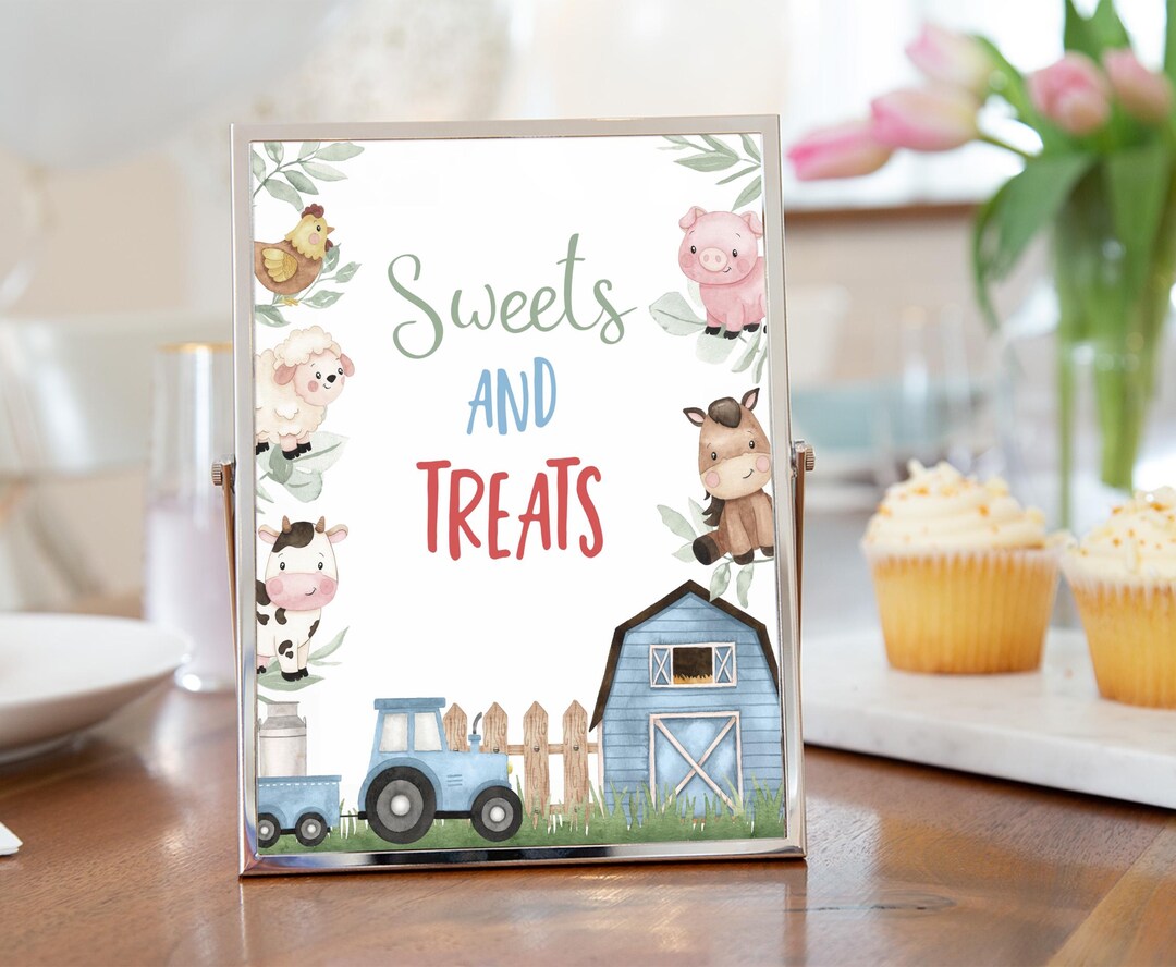 Farm Sweets and Treats Sign, Blue Barnyard Birthday Party, Farm Party ...
