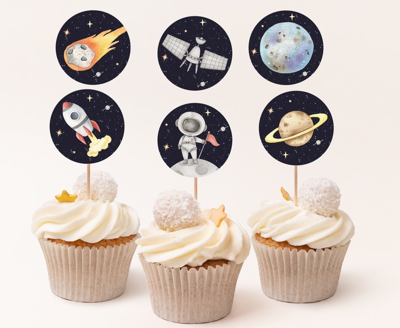 Space Cupcake Toppers Outer Space Birthday Party Decorations Etsy