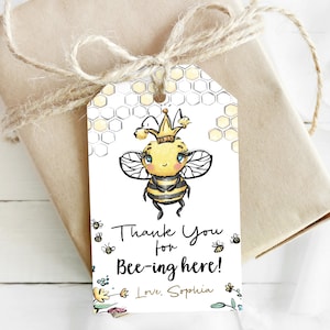 Thank you for beeing here tag, EDITABLE Bee Thank you Tags, Custom birthday favor tags girl, Bumble Bee theme birthday party printable - 61A