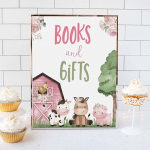 Girl Farm Books and Gifts Sign, Floral Farm baby shower decorations, Pink Barnyard baby shower signs, Baby shower printables girl - 11A