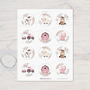 Girl Farm cupcake toppers, Pink Farm birthday party decorations, Floral Farm animals baby shower, Girl Barnyard bash party printables 11A image 9