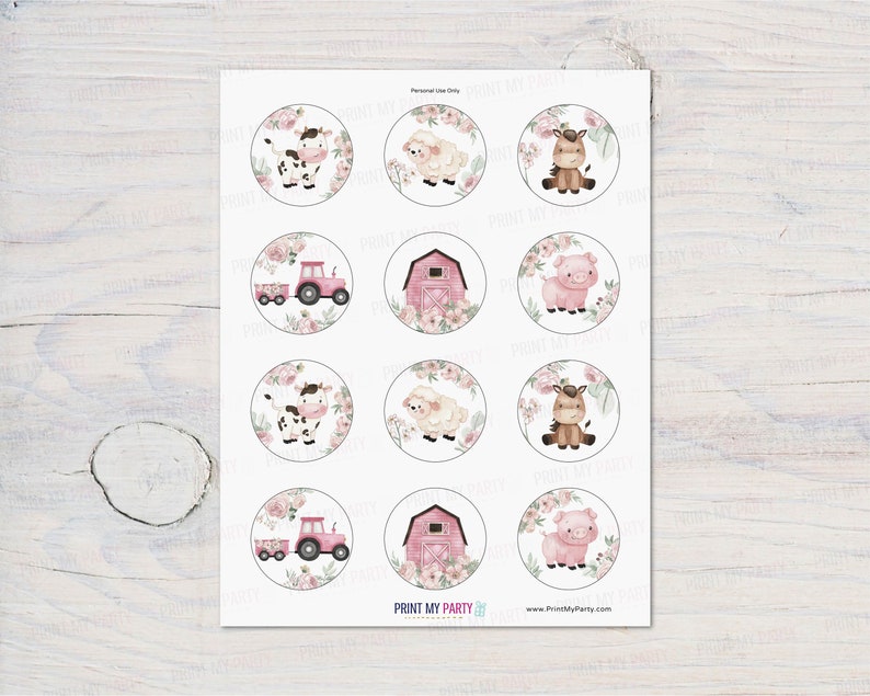Girl Farm cupcake toppers, Pink Farm birthday party decorations, Floral Farm animals baby shower, Girl Barnyard bash party printables 11A image 9