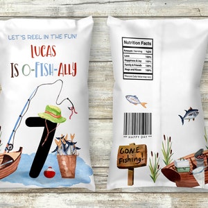 Chip Beutel Wrapper, Dekoration für 7.Geburtstagsparty Angeln, Chipsbeutel für Jungen, Angeln Chip Beutel Aufkleber 97A