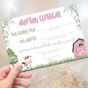 Cow adoption certificate, Adopt an animal, Pet adoption party certificate, Floral farm birthday printables, Instant Download - 11A