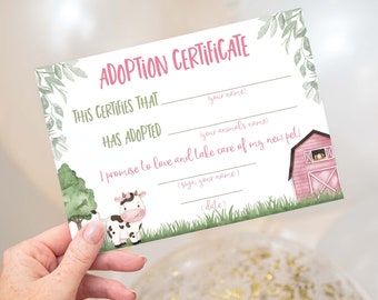 Cow adoption certificate, Adopt an animal, Pet adoption party certificate, Floral farm birthday printables, Instant Download - 11A