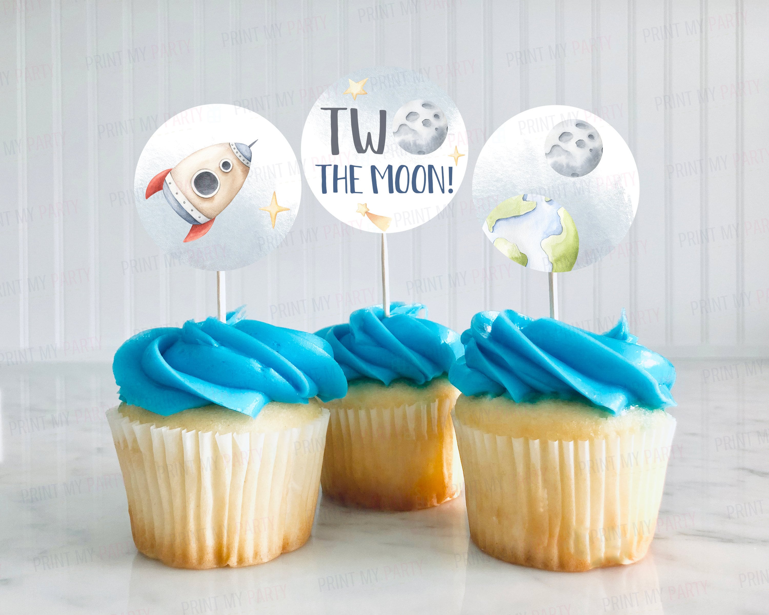 Two the moon birthday decorations Space cupcake toppers printable Outer space 2nd birthday decor Astronaut theme Moon party