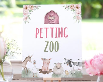 Petting Zoo sign Girl, Floral Farm animals birthday decoration, Girl Farm party decor, Pink Farm first birthday, Girl Barnyard bash - 11B