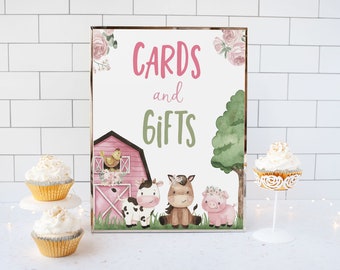 Girl Farm Cards and Gifts Sign, Floral farm animals, Pink barnyard birthday decorations, Farm animals Baby shower printables girl - 11A