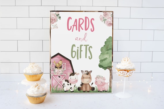 Girl Farm Cards and Gifts Sign, Floral farm animals, Pink barnyard birthday decorations, Farm animals Baby shower printables girl - 11A Il_570xn