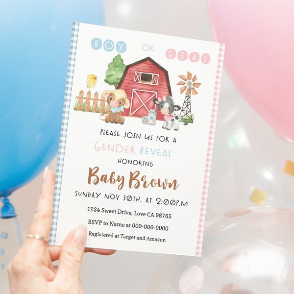 Farm Gender Reveal invitation, Boy or girl, He or She, What will it be baby reveal editable invite, Barnyard printable invitations - 11C3