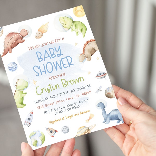 Space Dinosaur baby shower invitation, Dinosaur Astronaut baby shower invite instant download, Editable Dino space shower invites - 39D