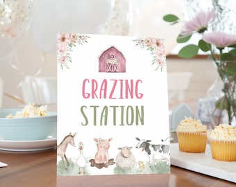 Grazing Station sign, Girl farm birthday decorations, Food table signs, Floral Farm baby shower decoration, Girl barnyard decor - 11B