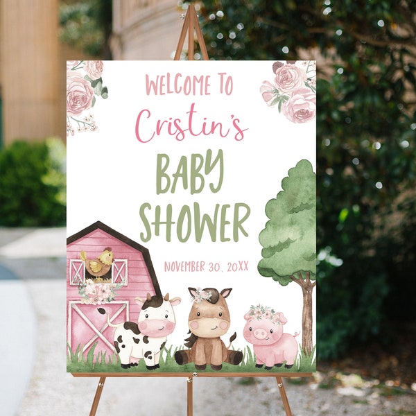 Farm baby shower welcome sign girl, Instant download, Floral farm animals baby shower decorations, Pink Barnyard baby shower printable - 11A