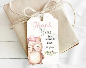 EDITABLE Owl Thank you Tags, Owl favor tags girl, Owl theme printable labels - 78A1