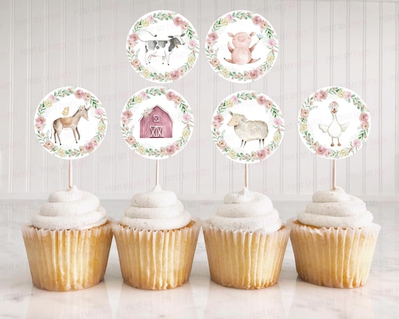 Farm cupcake toppers girl, Pink Farm birthday decor, Floral Farm animals baby shower decorations, Girl Barnyard bash party printables - 11B Il_570xn