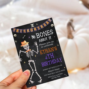 Invitación de fiesta No Bones About It, invitación de Halloween editable, fiesta de cumpleaños de esqueletos, invitación de cumpleaños de Halloween para niños - 115M