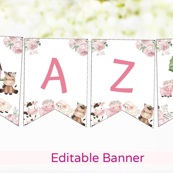 Editable Farm banner Girl, Custom Floral Farm Birthday Banner, Girl farm baby shower decor, Pink Barnyard party printable, Name banner - 11A