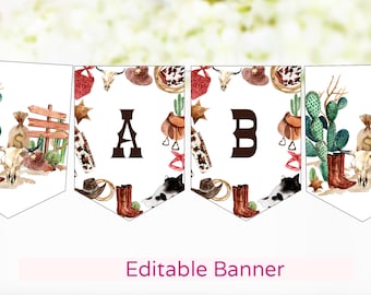 Bannière de rodéo modifiable, bannière d'anniversaire de cow-boy personnalisée, décorations de rodéo pour baby shower, alphabet imprimable pour fête de rodéo, bannière de nom personnalisé -34A