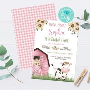 Sonnenblumen Kuh Geburtstagseinladung, Sonnenblumen Farm Geburtstagseinladung, Pink Barnyard Party Printables, Geburtstagseinladung Mädchen - 11G