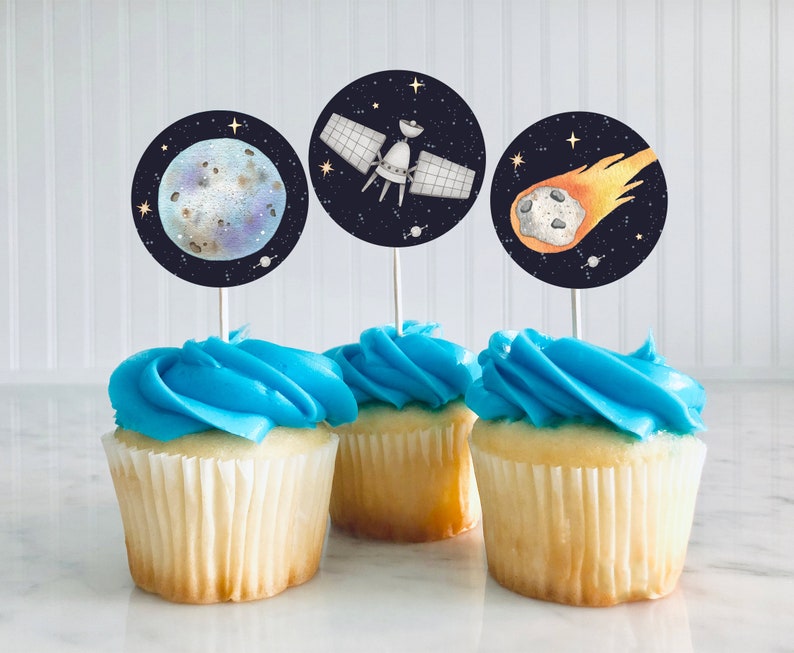 Space Cupcake Toppers Outer Space Birthday Party Decorations Etsy