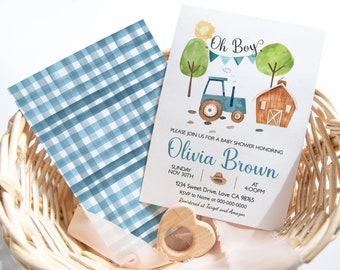 Oh boy baby shower invitation, Farm baby shower invite instant download, Editable Tractor Baby shower invitation, It's a boy baby shower 11F