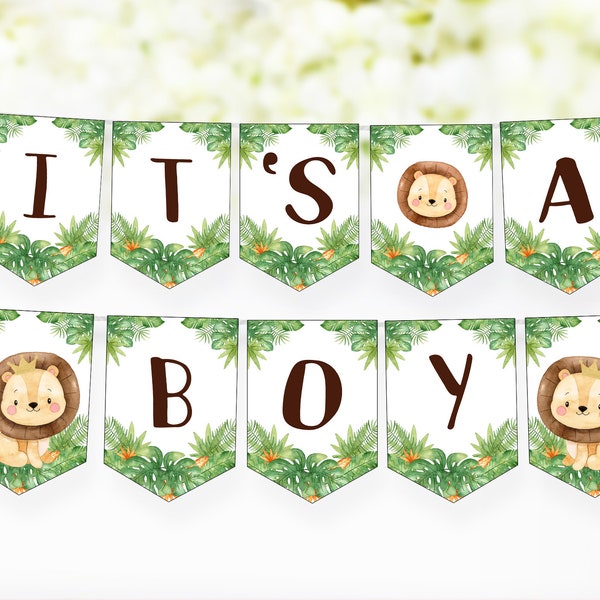 Lion It's a Boy Banner, decoración de baby shower Safari, decoraciones de baby shower Lion Baby Boy, imprimibles de baby shower Safari - 35E