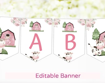 Editable Girl Cow banner, Custom Farm Birthday Banner, Pink farm baby shower decorations, Girl Barnyard party printable, Name banner - 11A