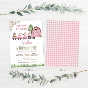 May include: Pink and green farm-themed birthday invitation with a cartoon train carrying farm animals. The invitation says "Oink, Cluck, BAA and Moo! Sophia is turning two!" and includes details for the party, including the date, time, and location.
