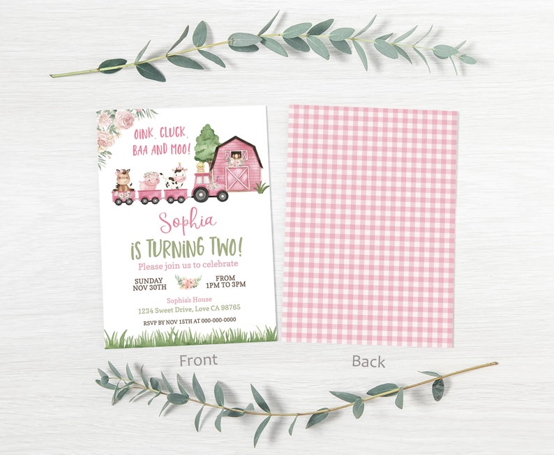 May include: Pink and green farm-themed birthday invitation with a cartoon train carrying farm animals. The invitation says "Oink, Cluck, BAA and Moo! Sophia is turning two!" and includes details for the party, including the date, time, and location.