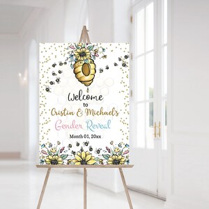 Signo de bienvenida de abeja EDITABLE, decoraciones de revelación de género, imprimibles de abeja él o ella - 61A