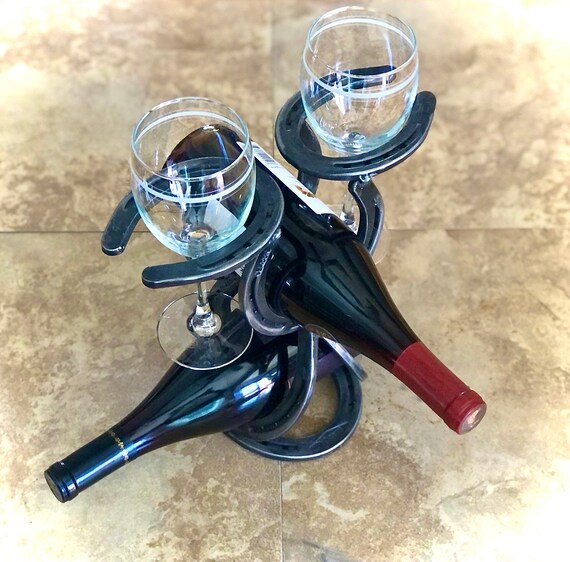 Horseshoe Double Bottle and Two Glass Wine Holder Etsy