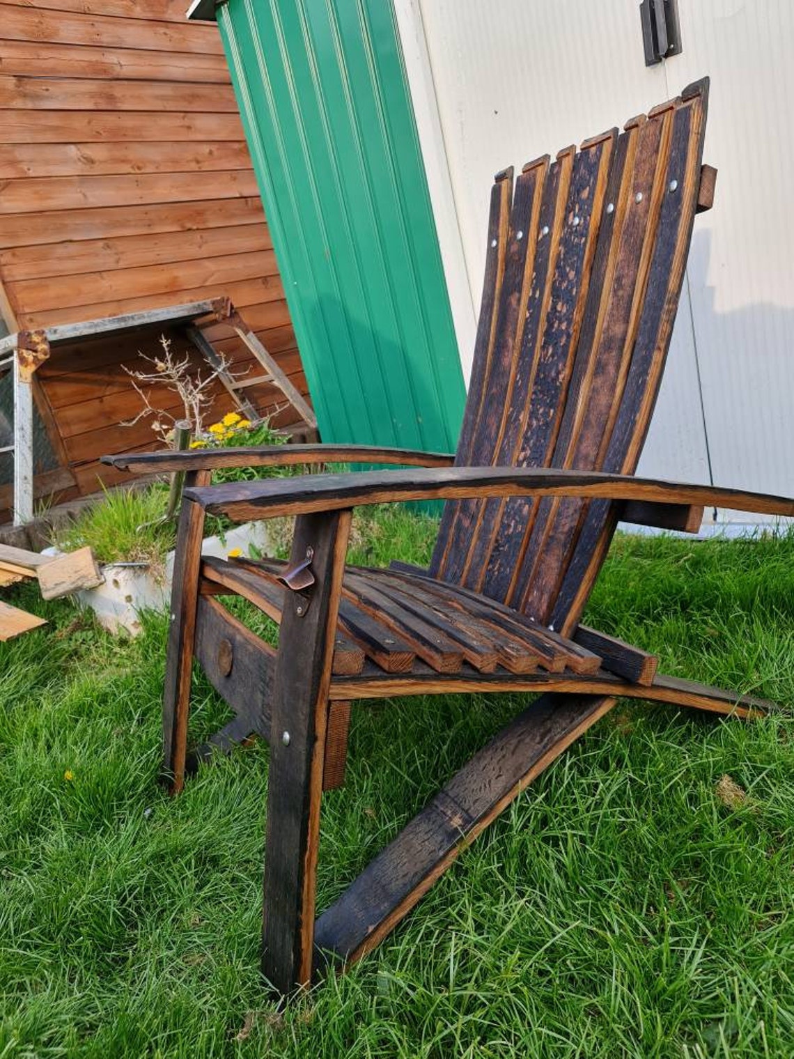 Handmade Oak Whiskey Barrel Adirondack Chair Lounger Garden Lounger