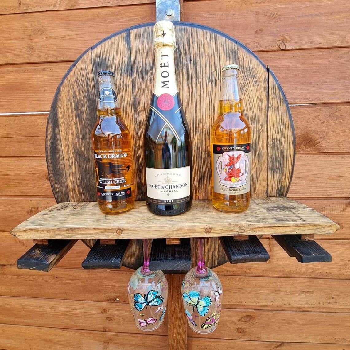 Oak Whiskey barrel lid wine glass rack and drinks shelf Etsy