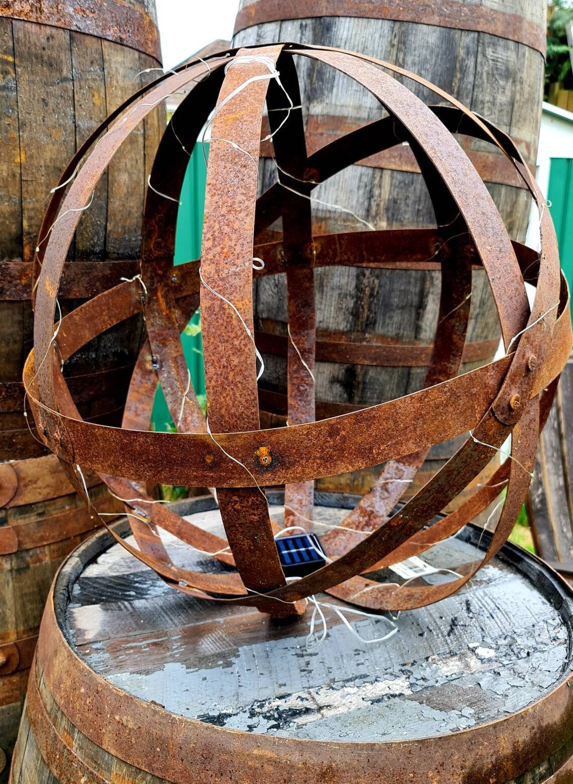 Barrel Hoop Garden Ornament Sphere Sculpture With Solar LED Etsy UK