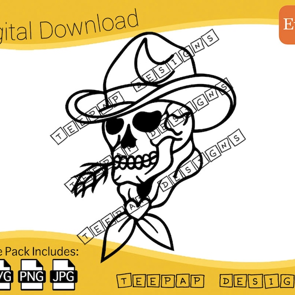 Cowboy Skull and Hat Design - Traditional Tattoo Style | Digital Cut File: SVG (Vector), PNG, JPG | Printable Cricut Sticker Decal Outline