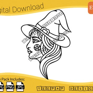 May include: A black and white line art illustration of a witch with a pointed hat and long hair. The witch has a pentagram on her cheek.