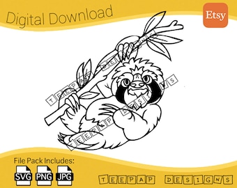 Sloth Hanging in Tree Cute Animal Design Digital Cut Files