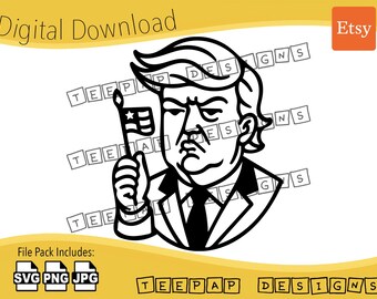 May include: Black and white line art illustration of a person holding an American flag. The person is wearing a suit and tie. The image is a digital download and includes SVG, PNG, and JPG files.