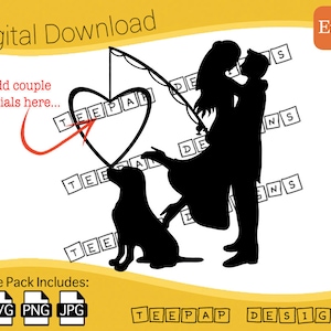 Hochzeitstorte Topper - Liebe Herz Angeln Design - Paar und Hund | Digitale Schnittdateien: SVG, PNG, JPG | Druckbare Cricut Silhouette Clipart