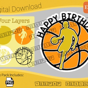 Basketball Cake Topper - Joyeux anniversaire Décoration Design | Calques de fichiers de découpe numérique: PNG | Silhouette de contour d’image de découpe de cricut imprimable
