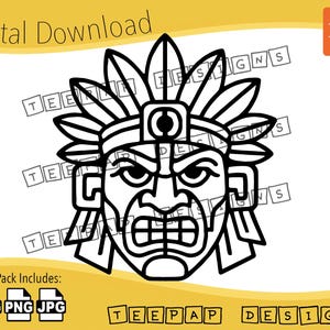 Op de afbeelding: Zwart-witte lijntekening van een gestileerd Azteekse masker met een verenhoed. Het masker heeft een woeste uitdrukking met een brede mond en een prominente neus.