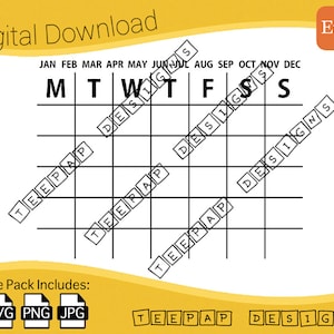 Może przedstawiać: Czarno-biały kalendarz do wydrukowania z dniami tygodnia oznaczonymi jako M, T, W, T, F, S, S. Kalendarz zawiera miesiące roku wymienione u góry: styczeń, luty, marzec, kwiecień, maj, czerwiec, lipiec, sierpień, wrzesień, październik, listopad, grudzień. Słowa "TEEPAP" i "DESIGNS" są napisane po przekątnej na kalendarzu.
