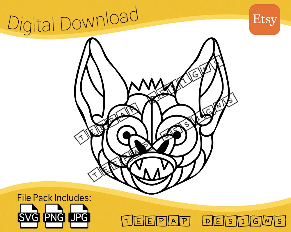 Bat Animal Face - Spooky Halloween Traditional Tattoo Design | Digital Cut Files: SVG, PNG, JPG | Printable Vinyl Cricut Silhouette Clipart