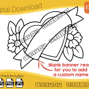 Love Heart Flower Banner (Personalizable) - Neo Tradicional Tatuaje / Archivos de Corte Digital: SVG, PNG, JPG / Imprimible Cricut Sticker Decal Outline