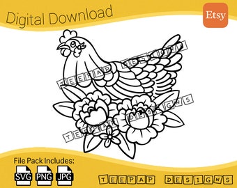Chicken Flower Floral Nest - Cute Animal Design | Digital Cut Files: SVG, PNG, JPG | Printable Cricut Image Silhouette Card Outline Clipart