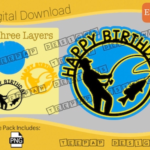 Topper de pastel de pesca - Diseño de decoración de feliz cumpleaños / Capas de archivo de corte digital: PNG / Corte cricut imprimible Contorno de imagen Silueta