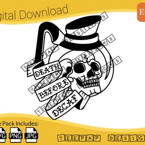 Death Before Decaf - Café Skull Tattoo Style | Fichier coupe numérique: SVG (Vector), PNG, JPG | Contour décalque d’autocollant de coupe imprimable de coupe