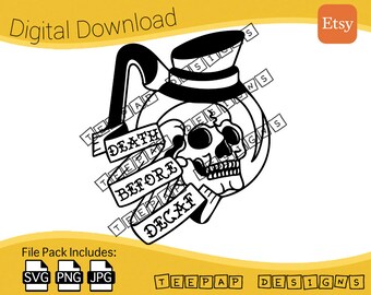 Death Before Decaf - Coffee Skull Tattoo Style | Digital Cut File: SVG (Vector), PNG, JPG | Printable Cricut Cutting Sticker Decal Outline
