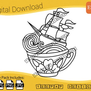 Storm in a Teacup - Sailing Pirate Ship Ocean Traditional Tattoo | Digital Cut Files: SVG, PNG, JPG | Printable Cricut Sticker Decal Outline